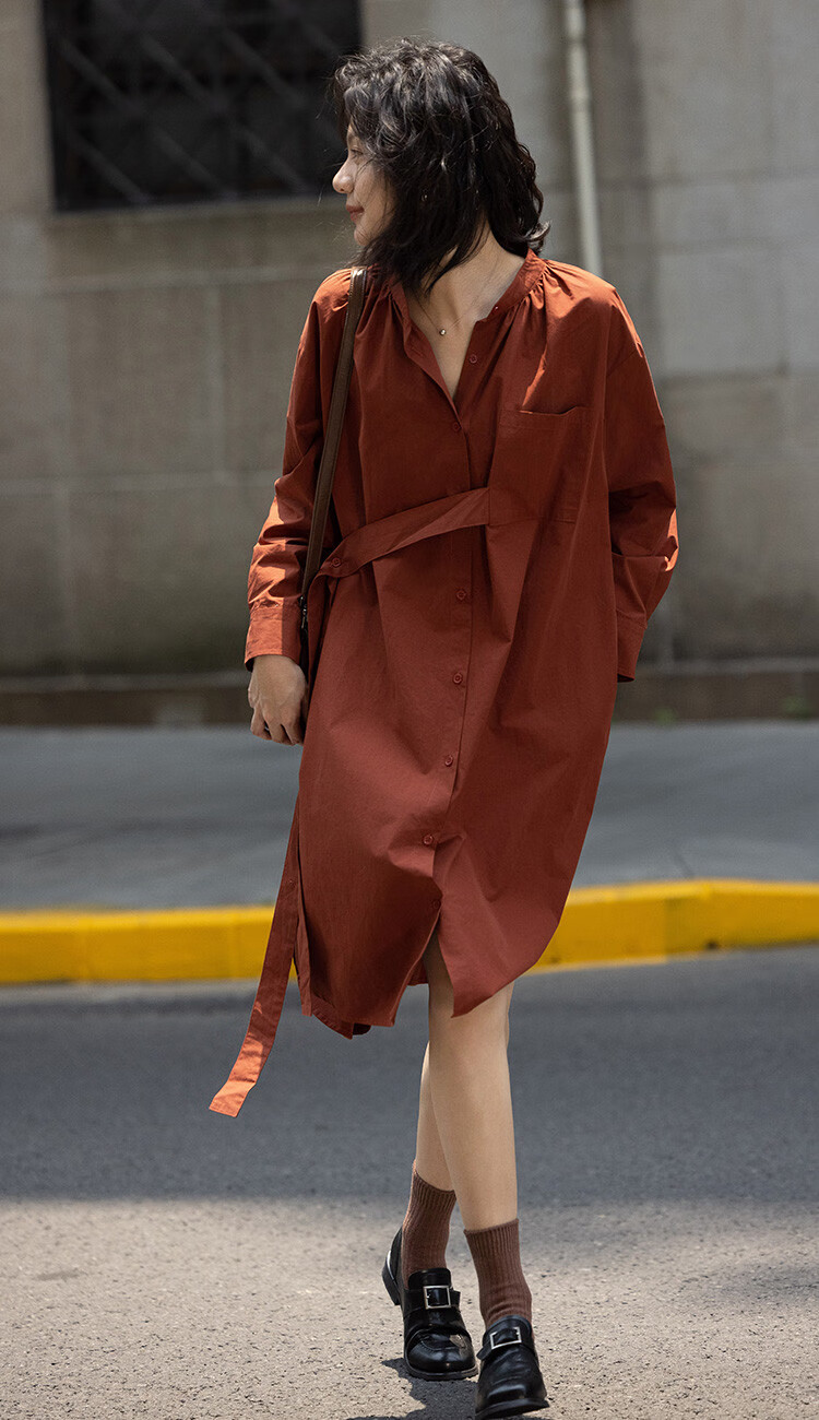 Dme Vintage Shirt Dress with Tie Waist, Niche Design, Loose-Fitting Slimming Dress, Rust Red, S 2
