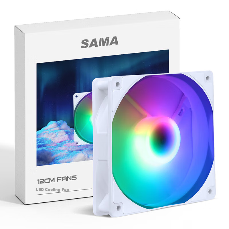 SAMA Ice Crystal 2S Snow Edition 12cm Case Cooling Fan (Tri-Color Fixed RGB Lighting, Axial Illumination, Large 4D Connector for daisy-Chaining, Hydraulic Bearing, Plug-And)