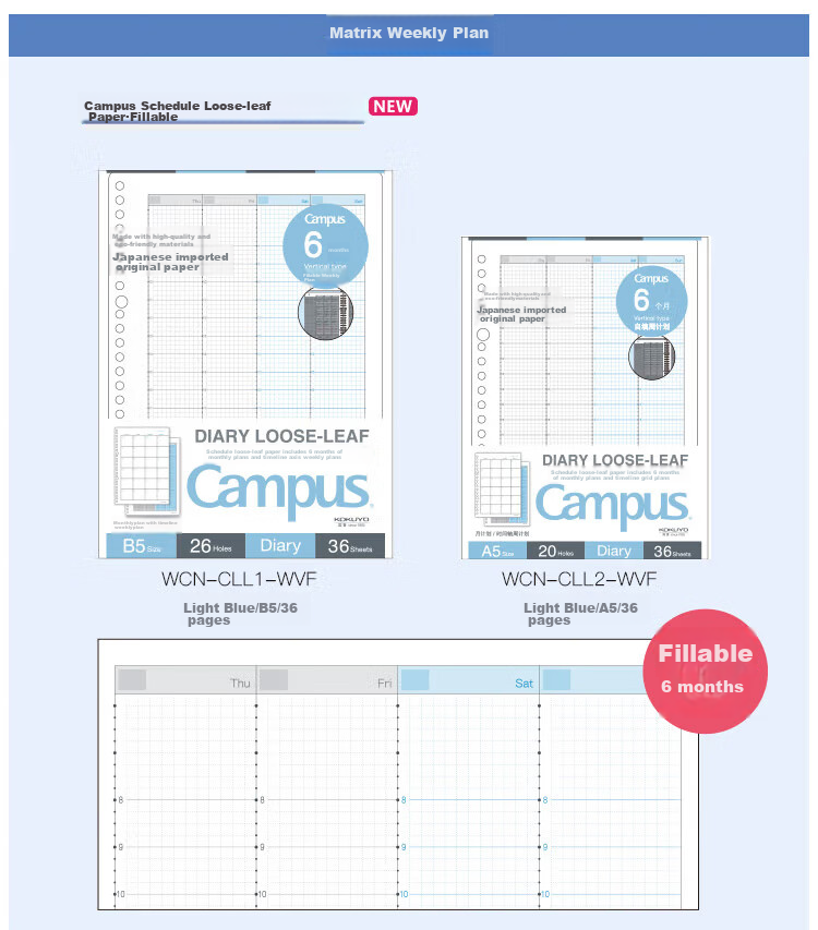 KOKUYO Campus Loose-Leaf Notebook Refill Paper with Time Line And Weekly Planner, 36 Sheets Per Book, 1 Pack WCN-CLL1 2