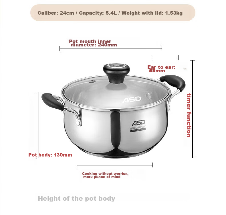 ASD Soup Pot, 304 Stainless Steel Steaming Pot, Thickened Bottom Stew Pot, Milk Pot, 24CM, Compatible with Gas And Induction Stoves, B1 15