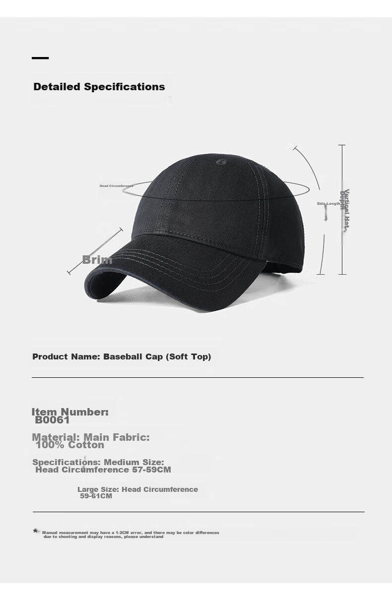 CACUSS Baseball Cap for Men with Large Circumference, Unisex Duck Tongue Cap, All-Season Outdoor Sun Protection Sports Hat, Women's Sun Hat, Black Large Size 10