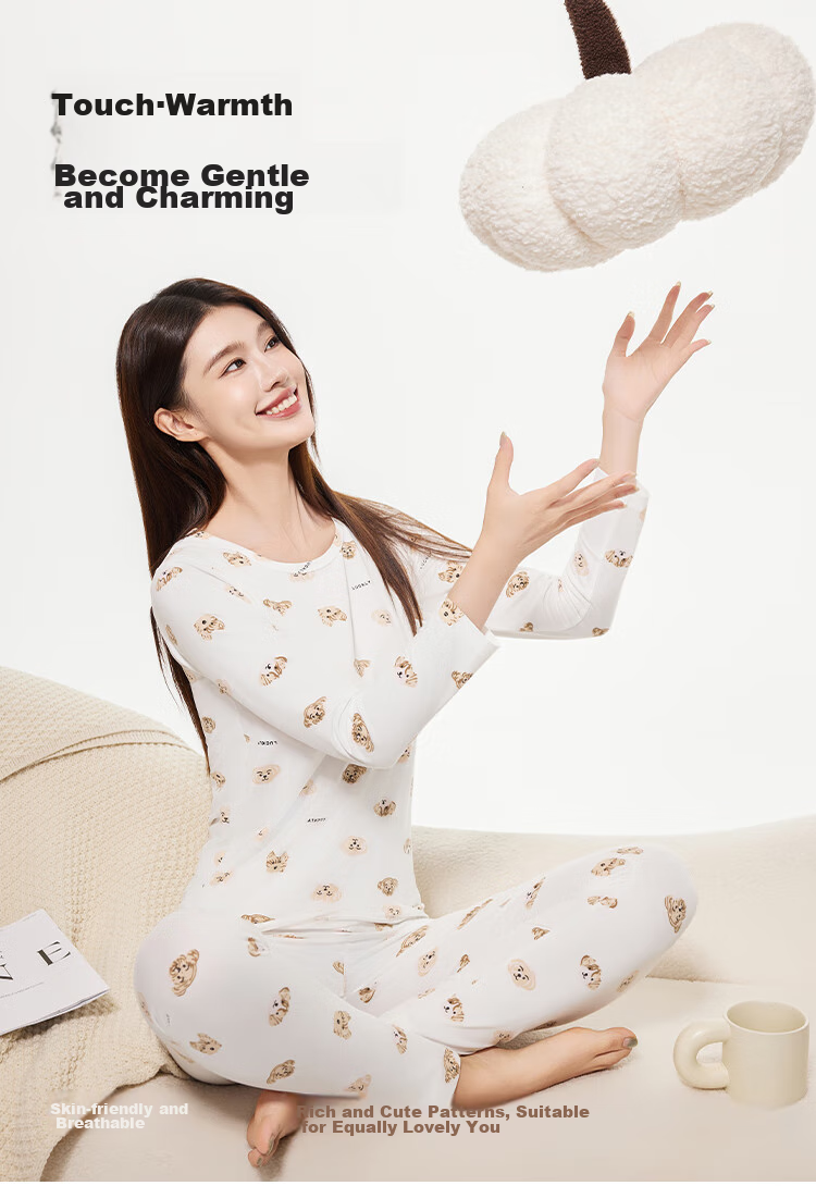 Dushiliren Women's Autumn Underwear Set, Basic Thermal Base Layer, Slim-Fit Printed Sleepwear for Students And Young Girls, Warm Inner Wear 1