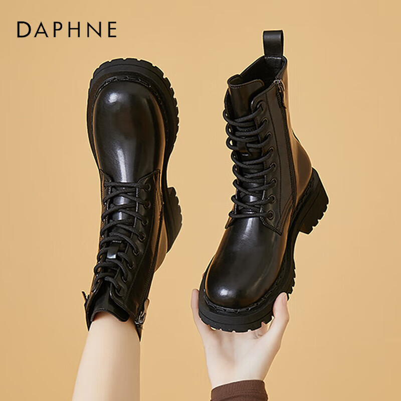 DAPHNE Women's Martin Boots Thick Sole New High Heel British Style Ankle Boots Leather Casual Shoes Black Fleece Lined Size 39