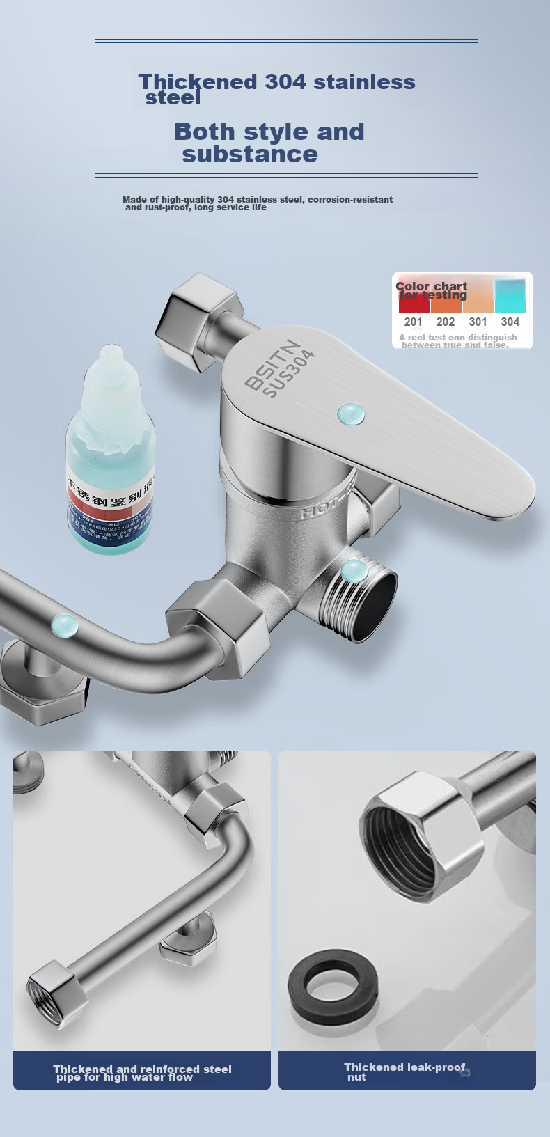BSITN Electric Water Heater Mixing Valve, 304 Stainless Steel Shower Switch, Hot And Cold U-Shaped Valve, Surface-Mounted Shower Faucet Accessories, B039 5