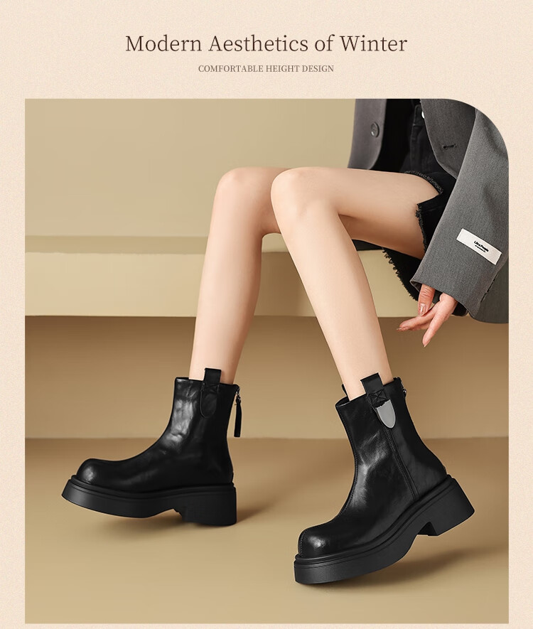 ZHR Women's Winter Vintage British Style Martin Boots with Fleece, Chunky Heel, Thick Sole Short Boots KN02A Black Size 38 2
