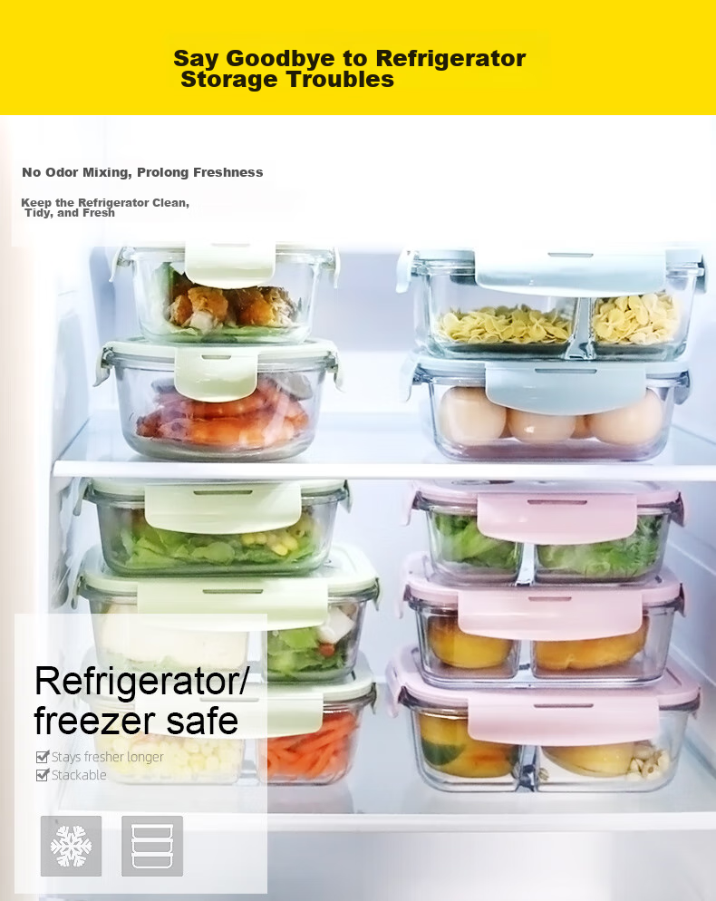 Chuangde Heat-Resistant Glass Food Storage Container, Microwave-Safe Lunch Box for Office Workers, Three-Compartment 1020+700ml with Bag 9