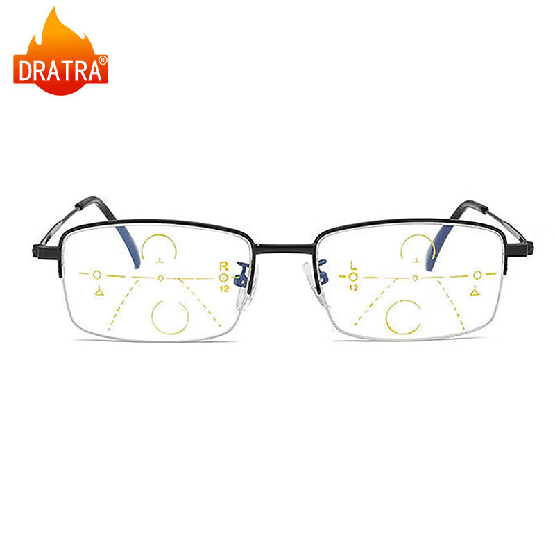 DRATRA Blue Light Blocking Progressive Multifocal Reading Glasses Unisex Half-Rim Square Frame for Presbyopia