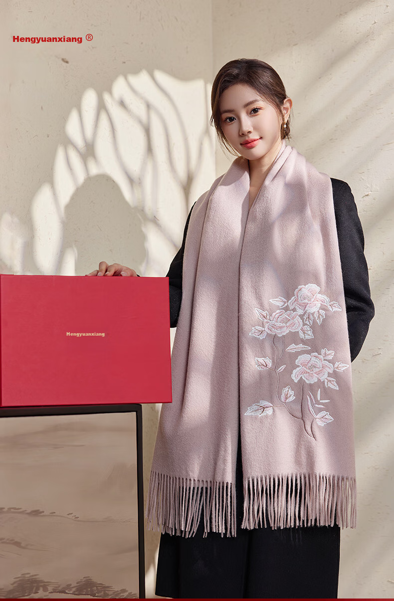 Hengyuanxiang 100% Wool Embroidered Shawl for Women, Chinese Style Scarf, Elegant And Warm Wrap, Gift for Mom, National Day Or Birthday Present 1