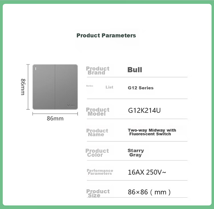 BULL Switch Socket, G12 Series, Two-Way Multi-Control Switch, 86-Type Concealed Large Panel G12K214, Space Gray 19