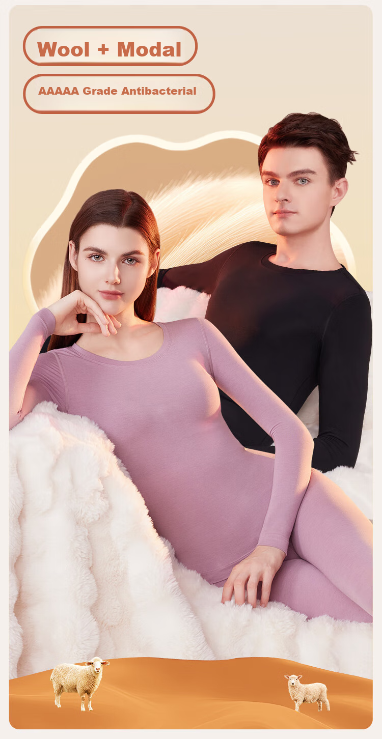 Ordifen [Wool Modal Set] Men's Thermal Underwear, Winter Round Neck Top And Pants, Seamless Navy Blue, Size L 2