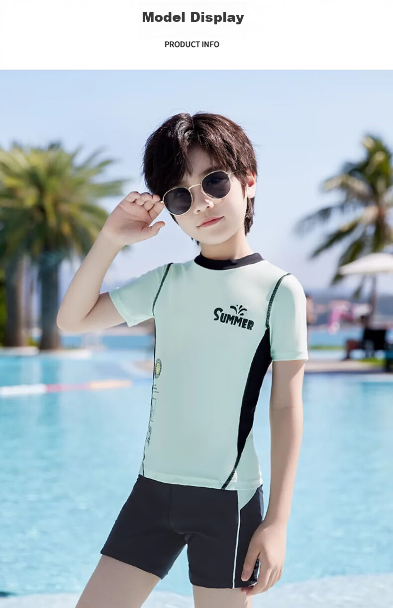 Youyou Children's Two-Piece Boys' Youth Swimsuit, Training Sun Protection Swimwear, Swimming Trunks Five-Piece Set, 32674 Green XL 14