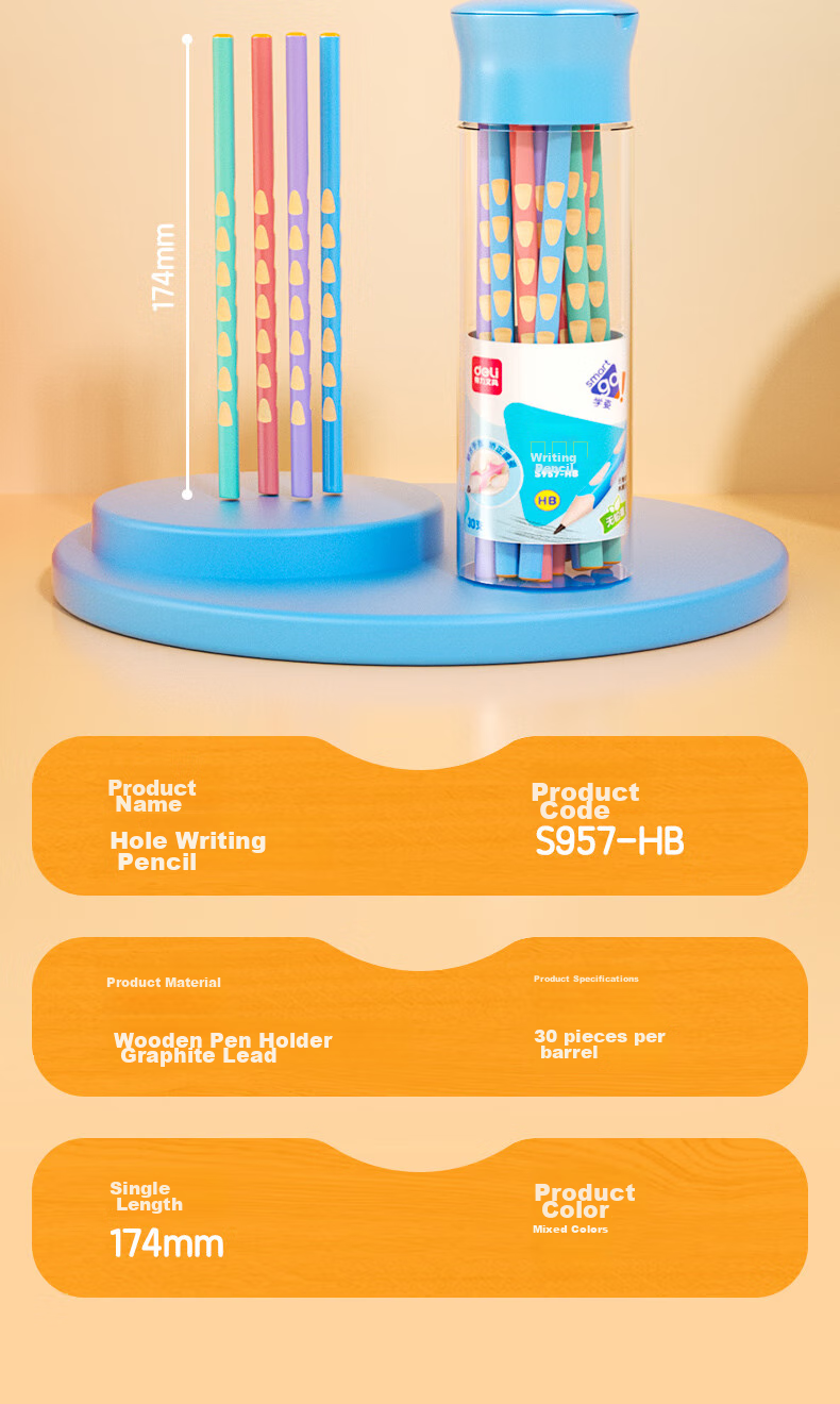 Deli Perforated Pencils, 30 Pieces, HB Triangular Shaft, 7.2mm Colored Shaft, Easy Grip, Children's Writing Posture Correction, Student Handwriting Practice Pencils, S957-HB, Back-To Stationery 9