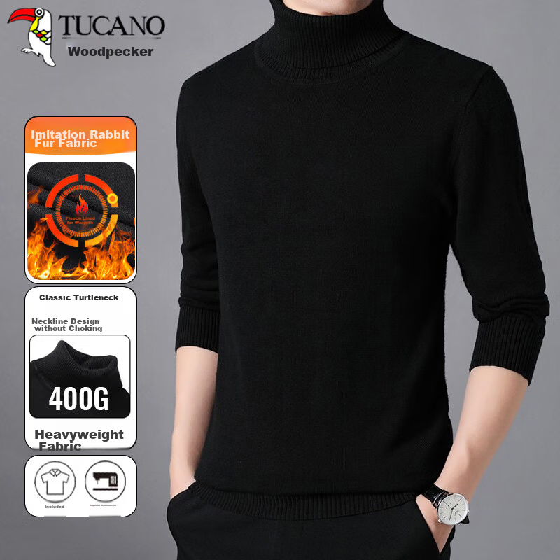 TUCANO Men's Turtleneck Sweater, Fashionable And Simple Knit Pullover, Fleece-Lined Warm Versatile Men's Top Base Layer, Black 2XL