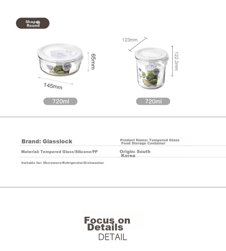 GLASSLOCK Food Storage Container, Refrigerator Organizer, Glass Lunch Box, Sealed, Heat-Resistant, Shatterproof, Noodle Bowl, Imported Round Shape, 720ml 11