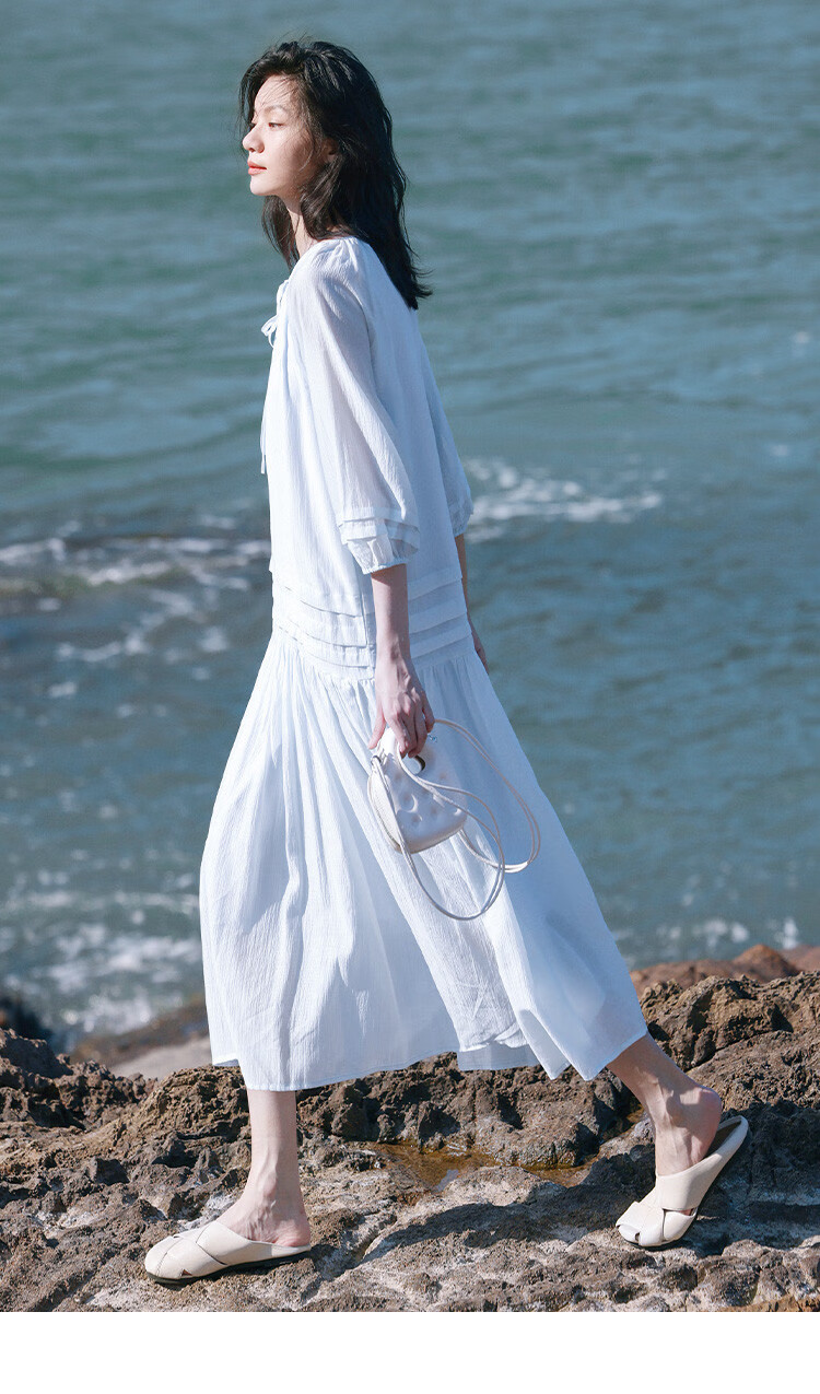 Dme First Love Style Light Blue Dress, Round Neck, Tie-Up Collar, Fairy-Like Long Sleeve Dress for Women, Light Blue, M 2