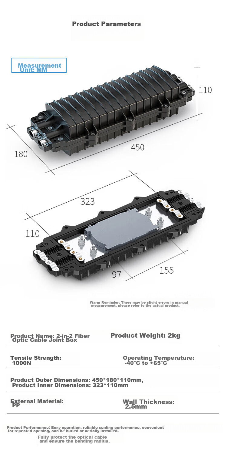 HAILE 2-In 2-Out Horizontal 24-Core Fusion Splice Box for Optical Cable Continuation, 24-Core Optical Cable Splicing Pack, Waterproof Fiber Optic Connector Box, Overhead And Underground Type, Black HT-JX 11