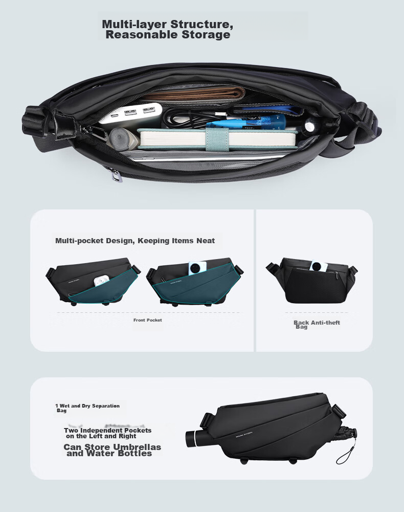 MARK RYDEN Shoulder Bag, Sports Large Capacity Crossbody Bag, Motorcycle Chest Pack, Trendy Multifunctional Messenger Bag for Men, MR6108 Elegant Black 7
