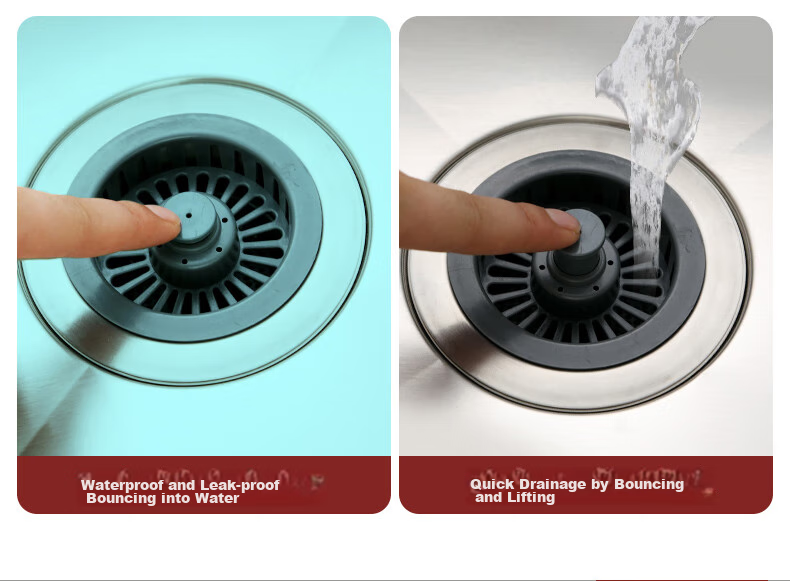 Pollock Kitchen Double Sink Strainer, Vegetable Washing Basin Drain Stopper, Spring-Loaded Filter Core, Stainless Steel Odor Prevention Device SCX-S 13