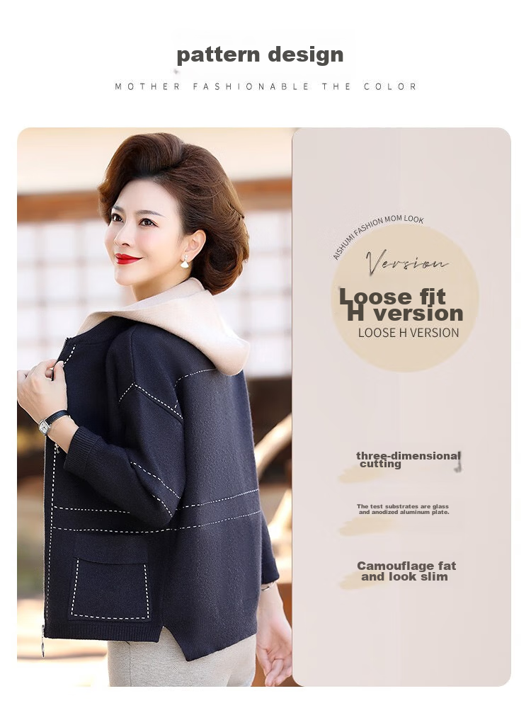 Hengyuanxiang Middle-Aged Women's Autumn Fashion Short Knitted Jacket, Elegant Hooded Cardigan for Middle-Aged And Elderly Women, Spring And Autumn Outerwear 5