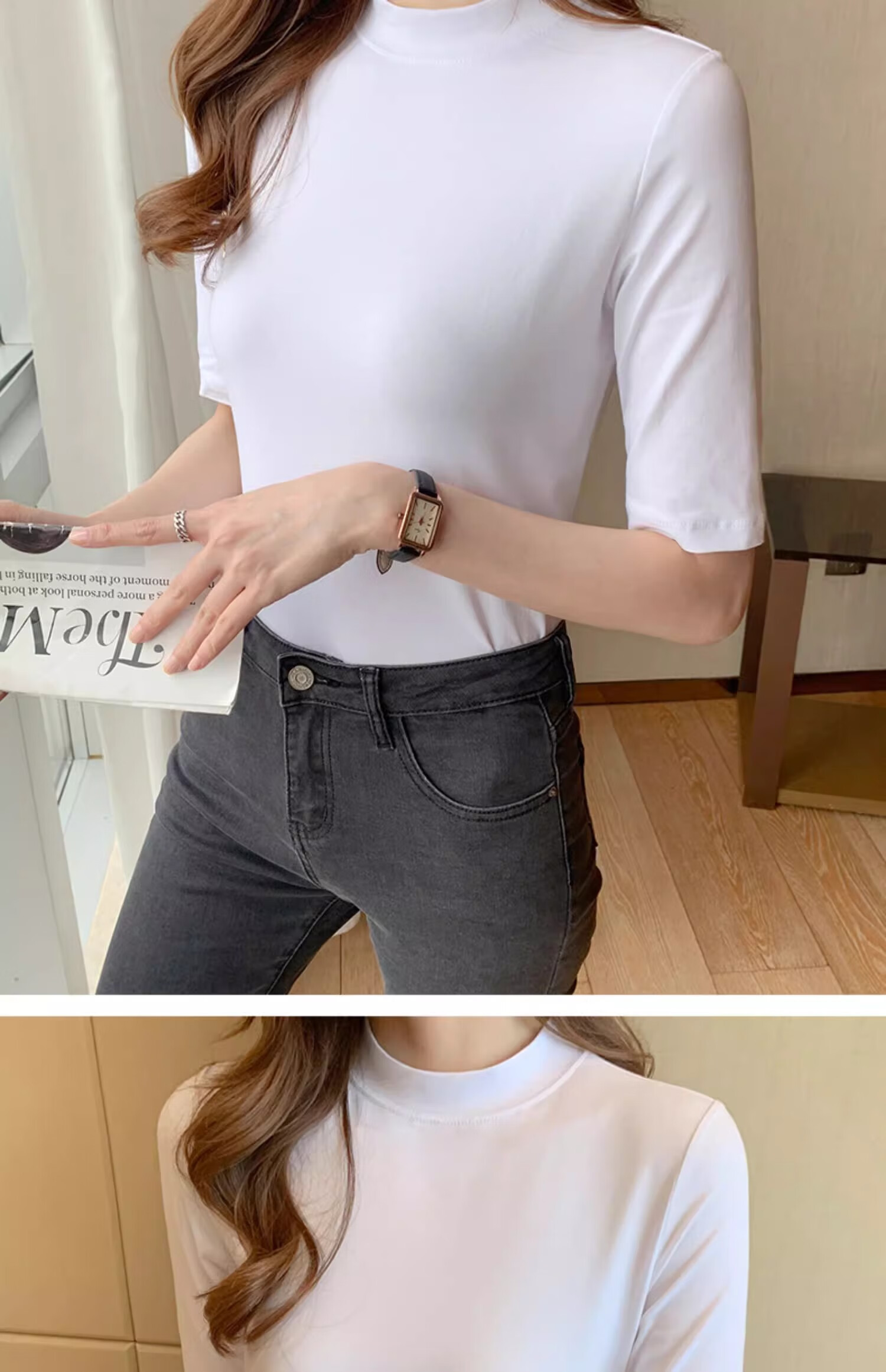 TUCANO Women's Mid-Length Sleeve Base Layer Top for Autumn, Semi-Turtleneck Five-Quarter Sleeve Regular Shoulder Slimming Inner Layer Half Sleeve Top, White, 2XL 11