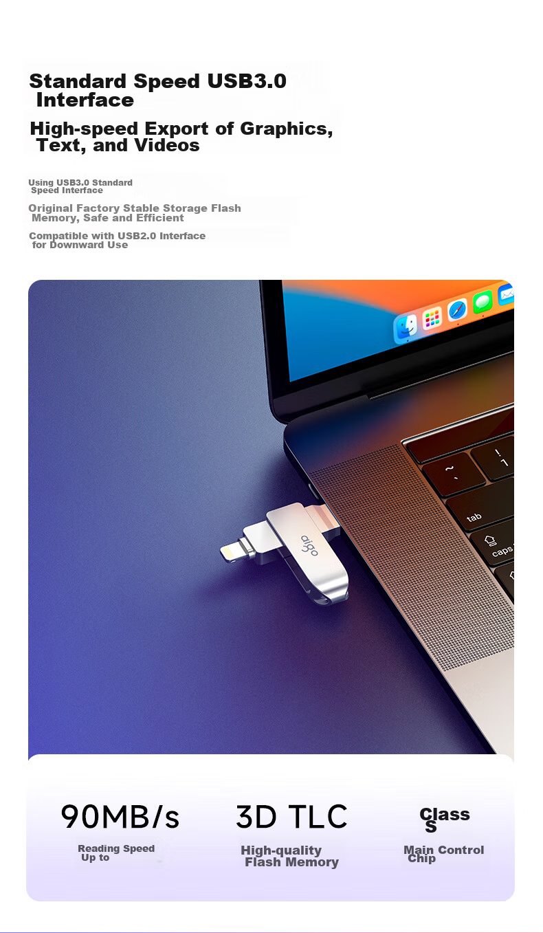 Aigo 256GB Lightning USB3.0 Apple Flash Drive U371, MFI Certified, Compatible with IPhone 14/iPad 9 And Earlier Versions, Dual-Use Flash Drive for Phones And Computers 5