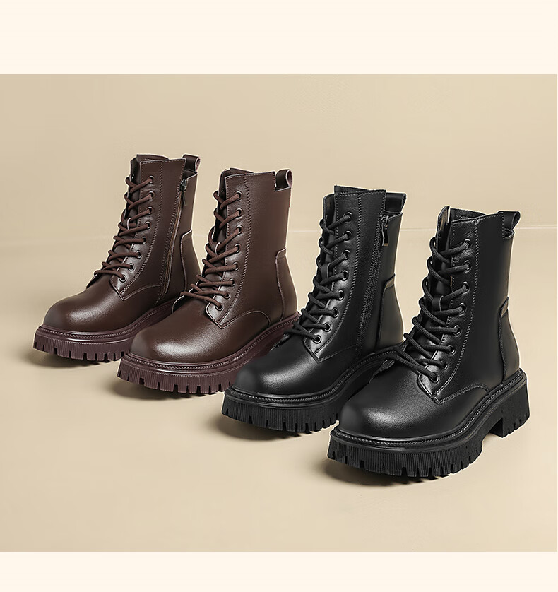 DAPHNE Black Martin Boots for Women, 2025 Autumn And Winter Fleece-Lined Leather Boots, Thick-Soled British Style Heightening Boots, Ankle Boots 12