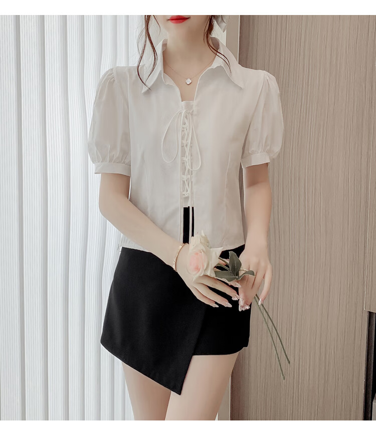 JEANSWEST Women's Summer 2025 Loose Puff Sleeve Short Sleeve Crop Shirt White L 29