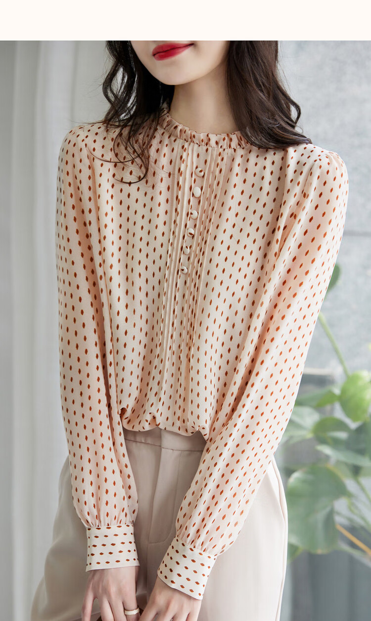Dme [Polka Dot Puff Sleeve Blouse], Spring And Autumn Stand-Collar Fitted Long-Sleeve Commuter Shirt, Women's Top 16
