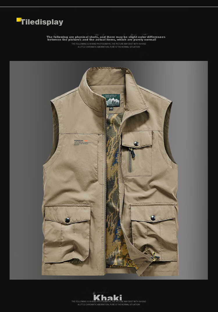 VANCAMEL Men's Vest, Outdoor Casual Multi-Pocket Sleeveless Waistcoat, Quick-Dry Loose Workwear Jacket, Khaki, XL 6