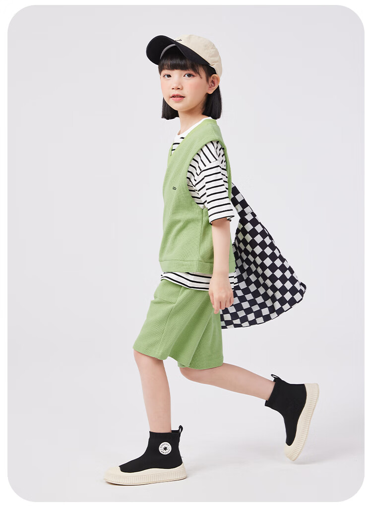 QQ DUCK Girls' Summer Outfit Set, Children's Sports Short-Sleeve Shorts, Youth Clothing, Waffle Texture, Green; Size 120 10