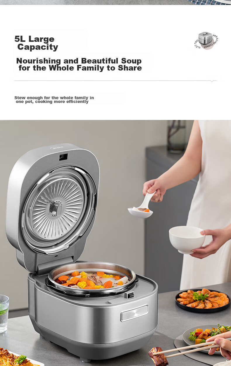 Midea 0 Coating Electric Pressure Cooker, 5L Large Capacity, Home Use, Quick Tendering Sensation, Dual Inner Pot, IH Fully Automatic Intelligent Reservation, Soup Cooking, Rice Cooking, Electric Rice Cooker, High-Pressure Cooker S5177K 16