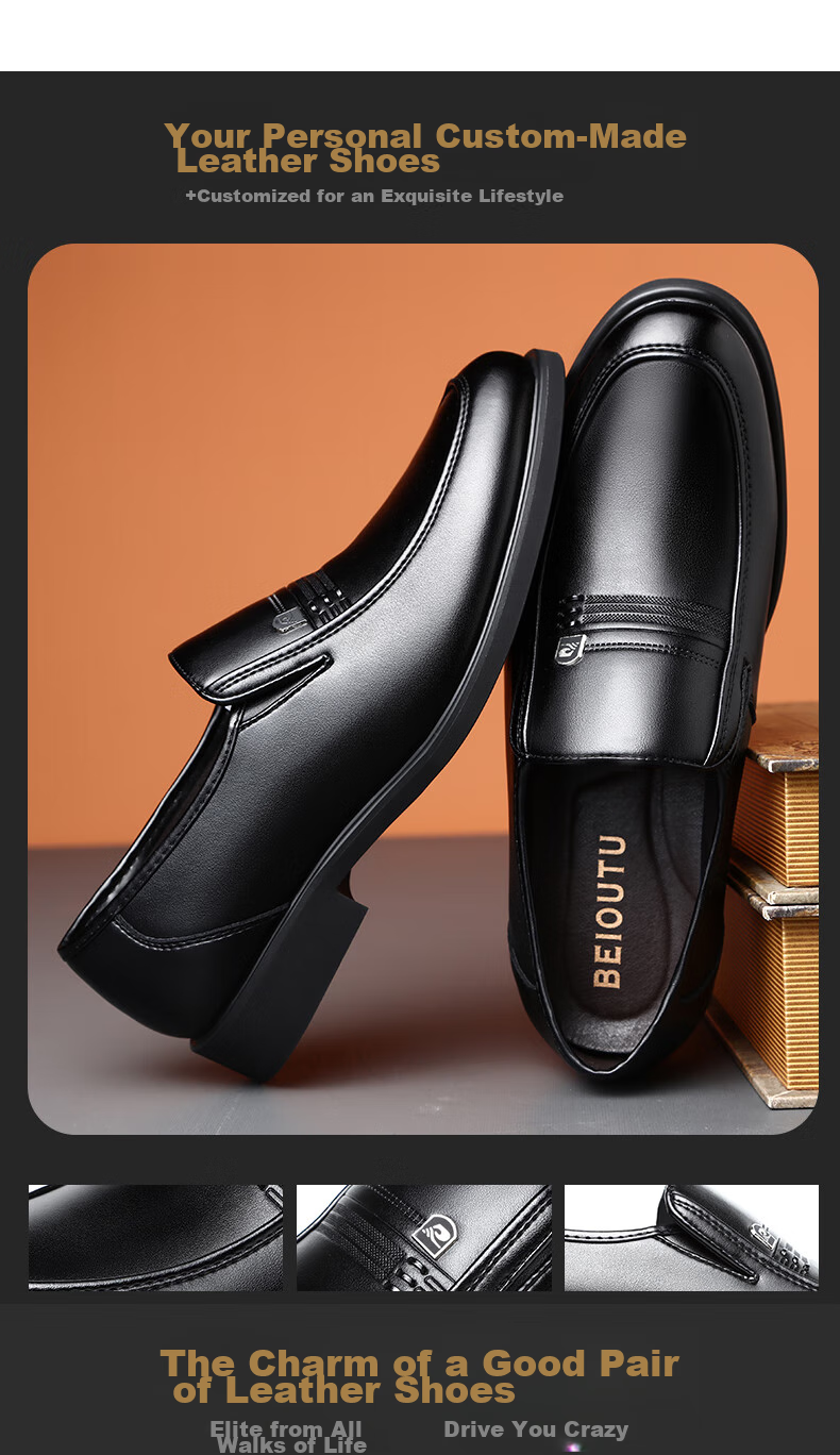 BEIOUTU Men's Shoes, Business Casual Shoes, Round Toe Slip-On, British Style Soft Leather Dress Shoes, Formal Leather Shoes, 1716 Black, Size 44 5