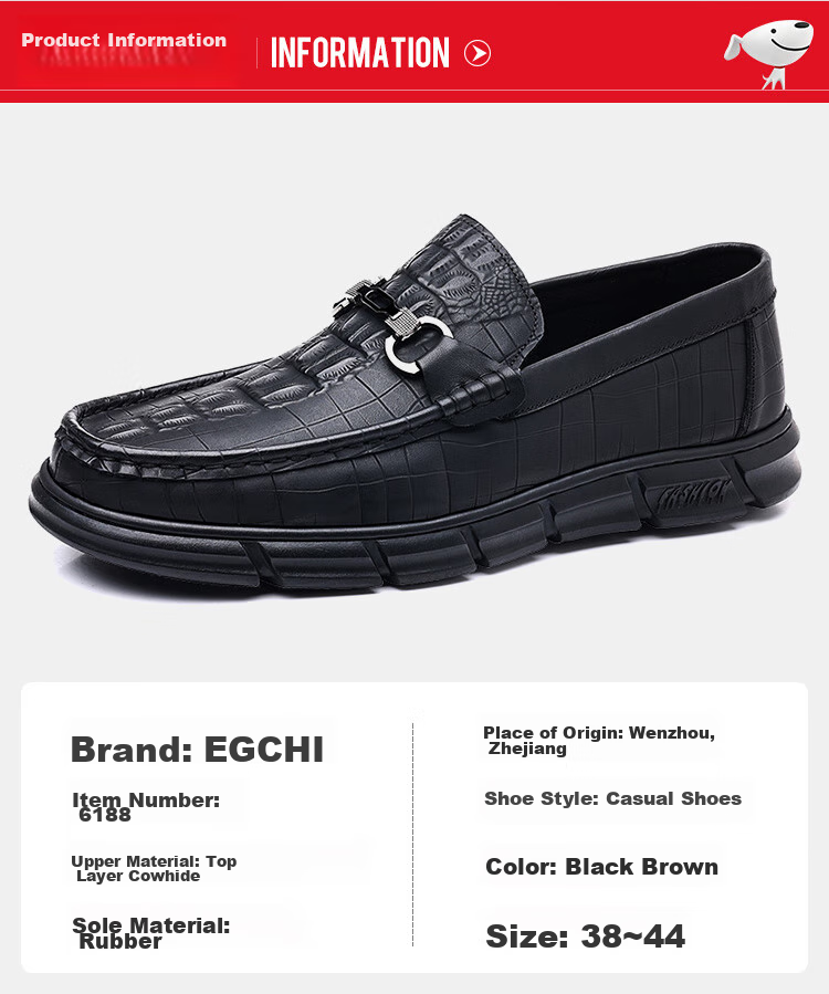 EGCHI Business Casual Leather Shoes, Men's Slip-On, Top-Grain Cowhide, Work Driving Shoes, J3328, Black, Size 38 6