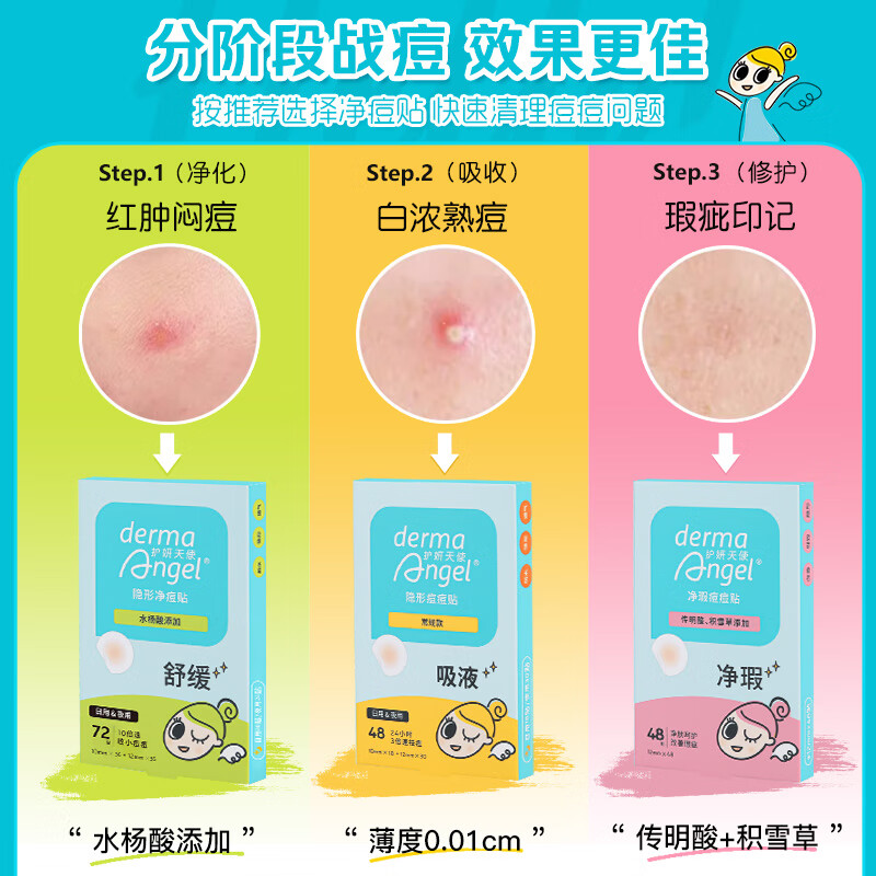DermaAngel Salicylic Acid Invisible Acne Patch Day & Night Mixed 72pcs Ultra-Thin Acne Patches Makeup-Friendly Absorbing Isolation Pollution