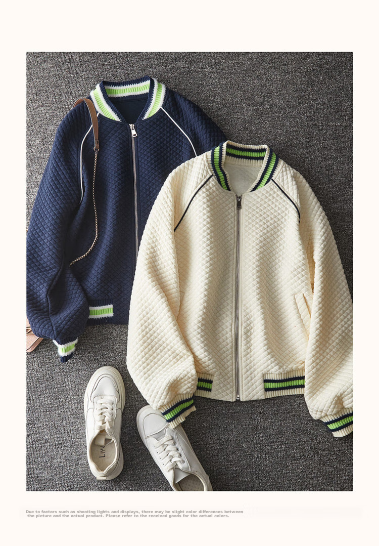 Dme Knitted Chanel-Style Spring And Autumn Baseball Collar Long-Sleeve Zipper Slightly Stretchy Quilted Jacket for Women, Short Style, Off-White, M 10