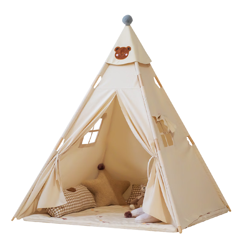 Little Dove Children's Tent Indoor Playhouse Gift Bear Hat (Upgraded Version with Cotton Pad + Rattan Lamp + 2 Hugging Pillows)