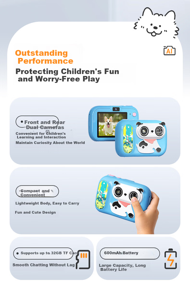 CAIZU 61 Children's Day Gift - A1 Kids Camera with Dual Front and Rear Lenses, Student Photo Recognition Early Education Learning Machine, AI Educational Dialogue Storytelling Camera 13
