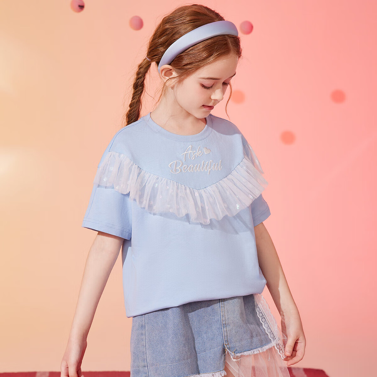 ASK JUNIOR Children's Short-Sleeve T-Shirt, Summer 2026, Girls' Mesh Top with Letter Print, for Older Kids, Blue, Size 120