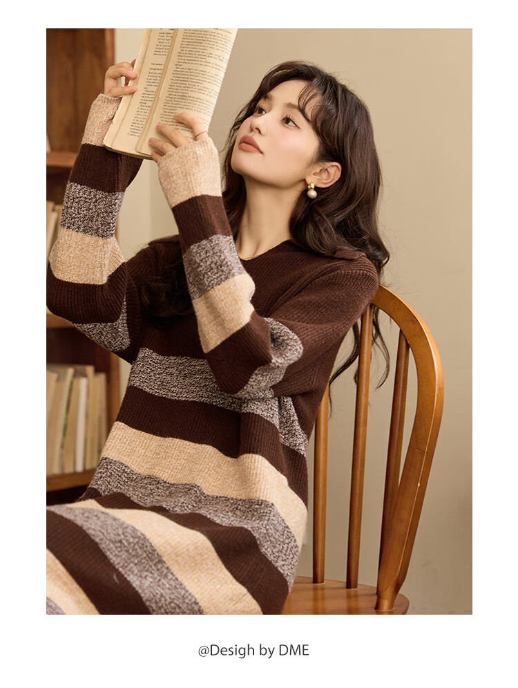 Dme Meilad Style Autumn And Winter Knitted Striped Straight Dress, Gentle And Sweet, Slimming And Youthful Women's Dress, Dark Coffee, S 5