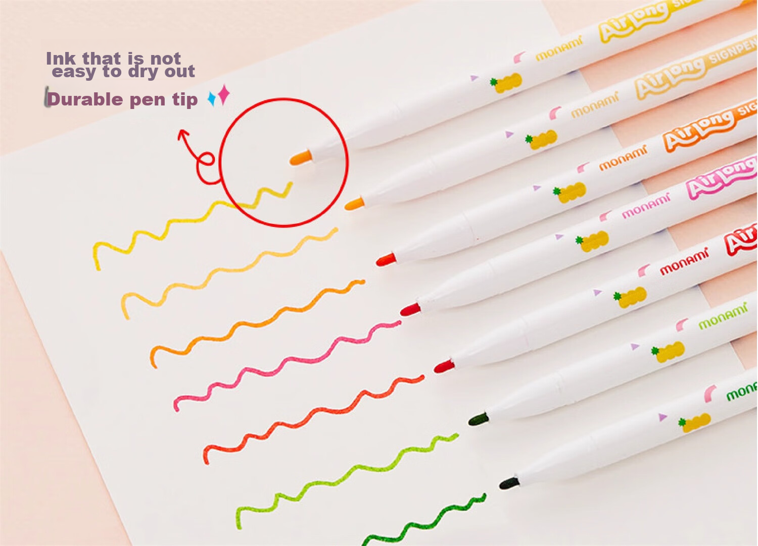 Monami AirLong Water-Based Pen, Anti-Drying Watercolor Pen, Outline Pen, Student Journal Coloring, 1.5mm Bright Color Series, 12-Color Set, 04047Z12 Watercolor Pens 3