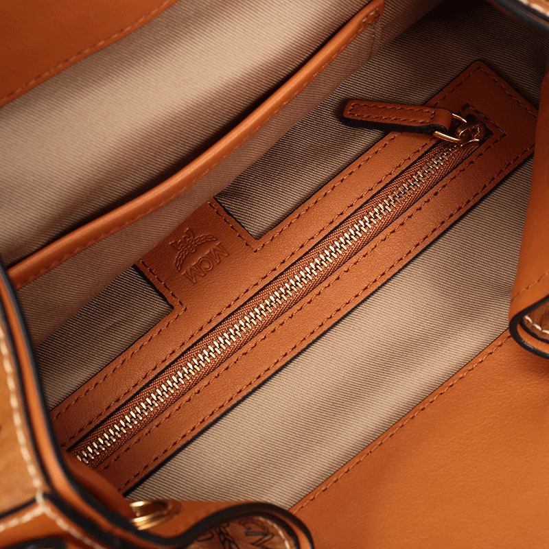 mcm 女士涂层帆布配皮手提单肩包水桶包干邑色logo图案 mwdaabf01co