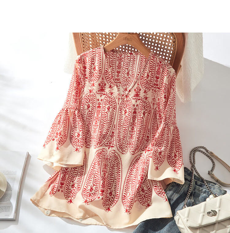 Dme [Chiffon Hibiscus Linen Shirt] Summer V-Neck Three-Quarter Sleeve Paisley Print Blouse Women's Top 13