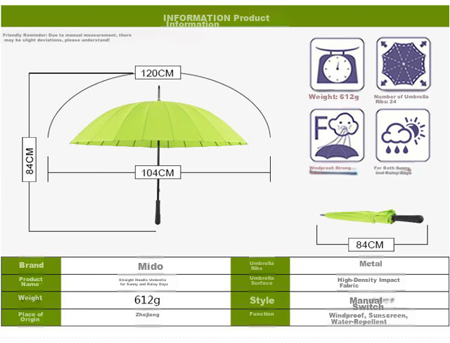 MAYDU Heavy Rain Umbrella, Long Handle, 24 Ribs, Automatic Opening Umbrella, Water-Resistant, Windproof Straight Handle Umbrella M7007, Matcha Gree 5