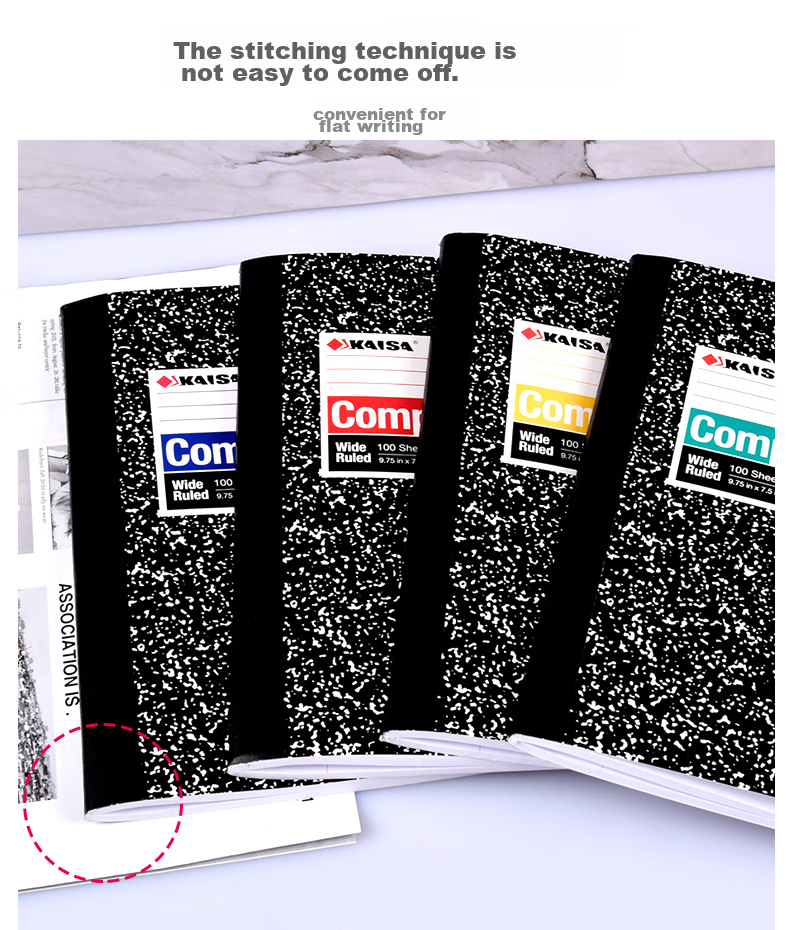 KAISA B5 Soft Notebook, Stitched Binding, 100 Sheets, Lined Paper, Black And White Marble Pattern, Flat-Spreadable Notebook, Thin And Crisp Notebook, 4 Books 6