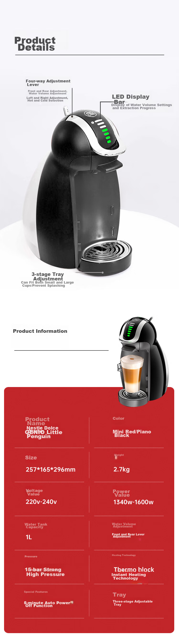 DOLCE GUSTO, Nestle, Fully Automatic Portable Capsule Coffee Machine, Genio, Little Penguin Red Capsule Machine, for Home And Office Use 11