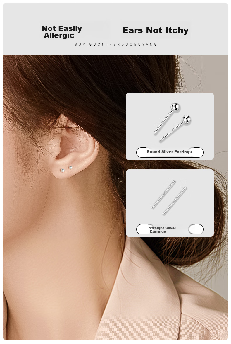 Dijing S999 Silver Bean Ear Studs, Women's Earrings, Simple Ear Rods, No Need to Remove While Sleeping, Invisible Birthday Gift for Pierced Ears 3