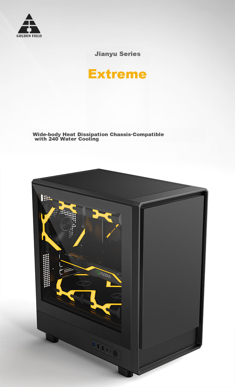 Golden Field Jianyu Jixi Black Wide Desktop Computer Case, Front Panel without Fan Leakage, Fully Compatible with 240mm Water Cooling, M-ATX Motherboard, 180mm CPU Cooler Height Limit 2