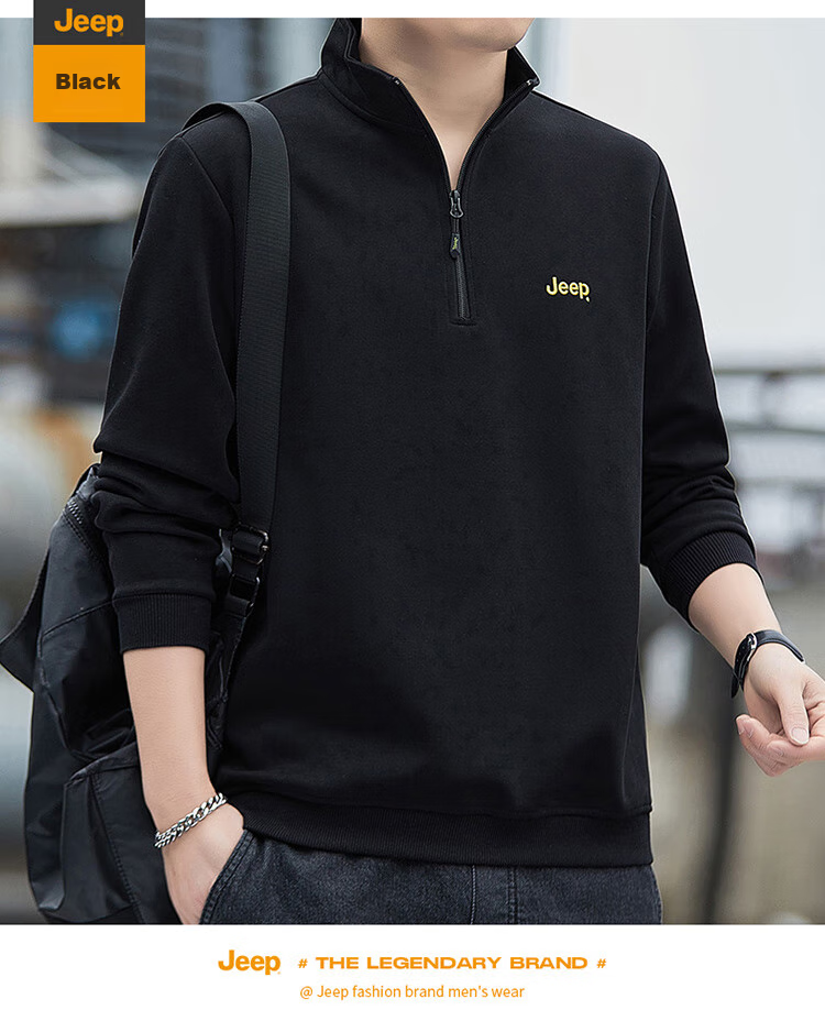 JEEP Men's Sweatshirt, Loose-Fitting Stand-Collar Long-Sleeve T-Shirt for Spring And Autumn, Casual Menswear, Black, XL 17