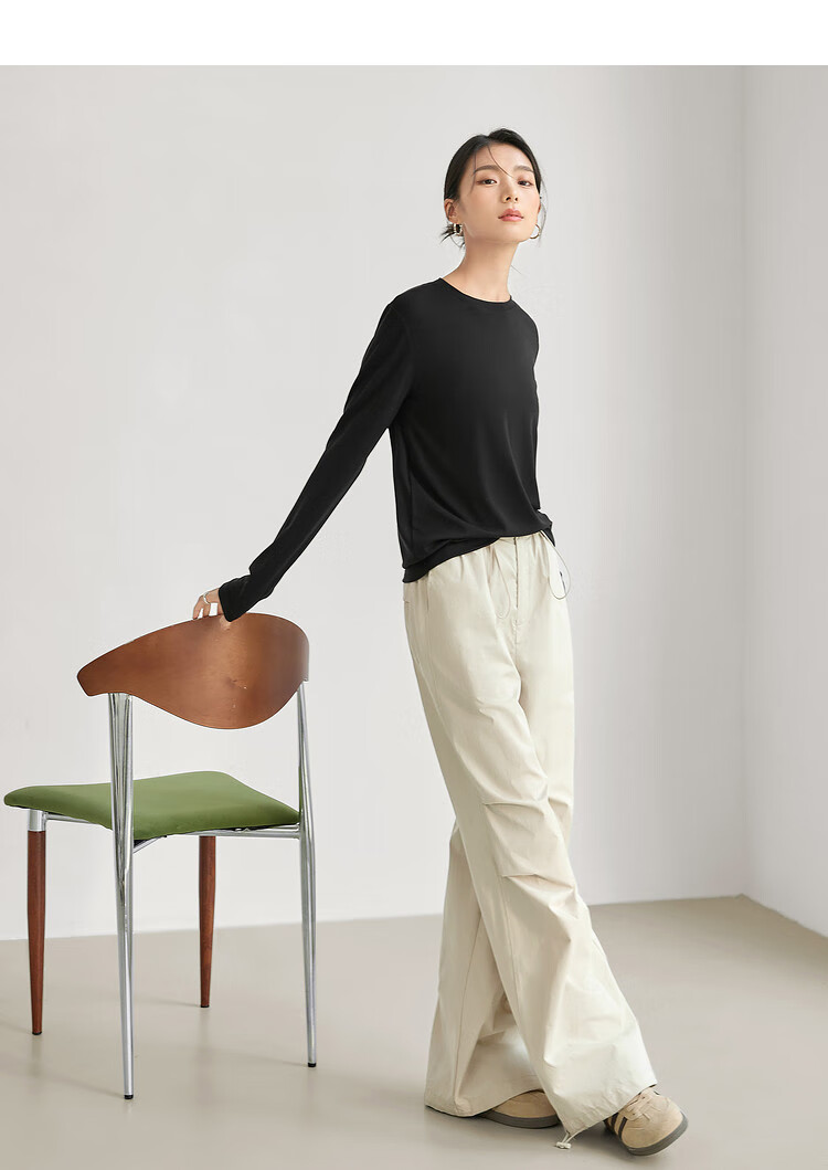 Woodpecker Women's Long Sleeve Base T-Shirt, Spring Autumn New Versatile Slim Fit Casual Top, Black, L 5