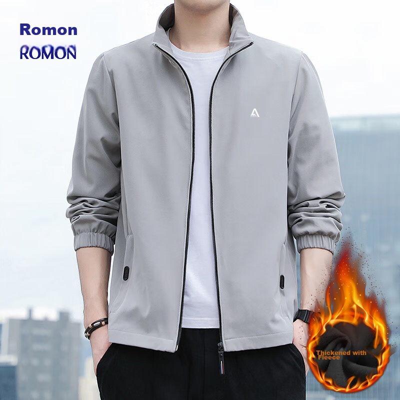 ROMON Men's Jacket, Trendy Winter Business Executive Stand-Collar Casual Windproof Fleece-Lined Coat, Men's Clothing JK83 Gray 4XL